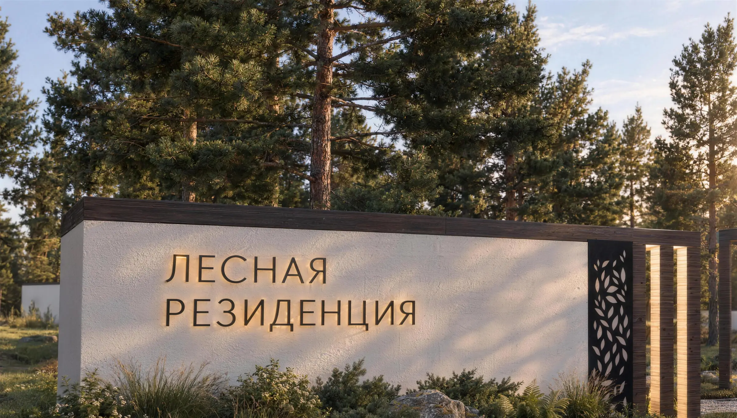 Надпись на стеле крупно: подсвеченные буквы на белой штукатурке, резная панель справа