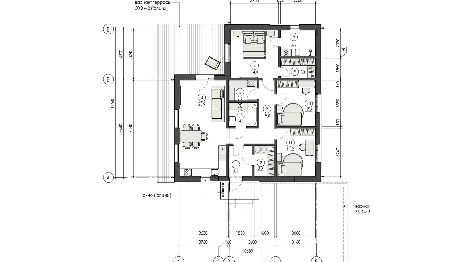 Планировка 101,2 м²: кухня-гостиная, три спальни, два санузла, постирочная и гардеробная