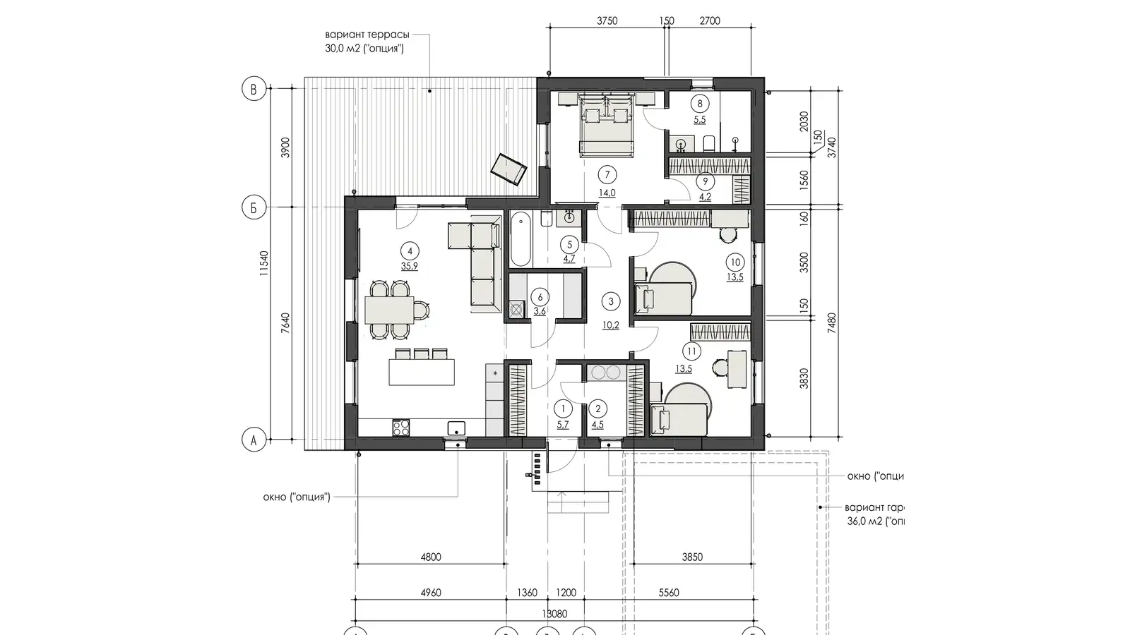 Планировка 118,9 м²: кухня-гостиная 36 м², три спальни, два санузла, гардеробная