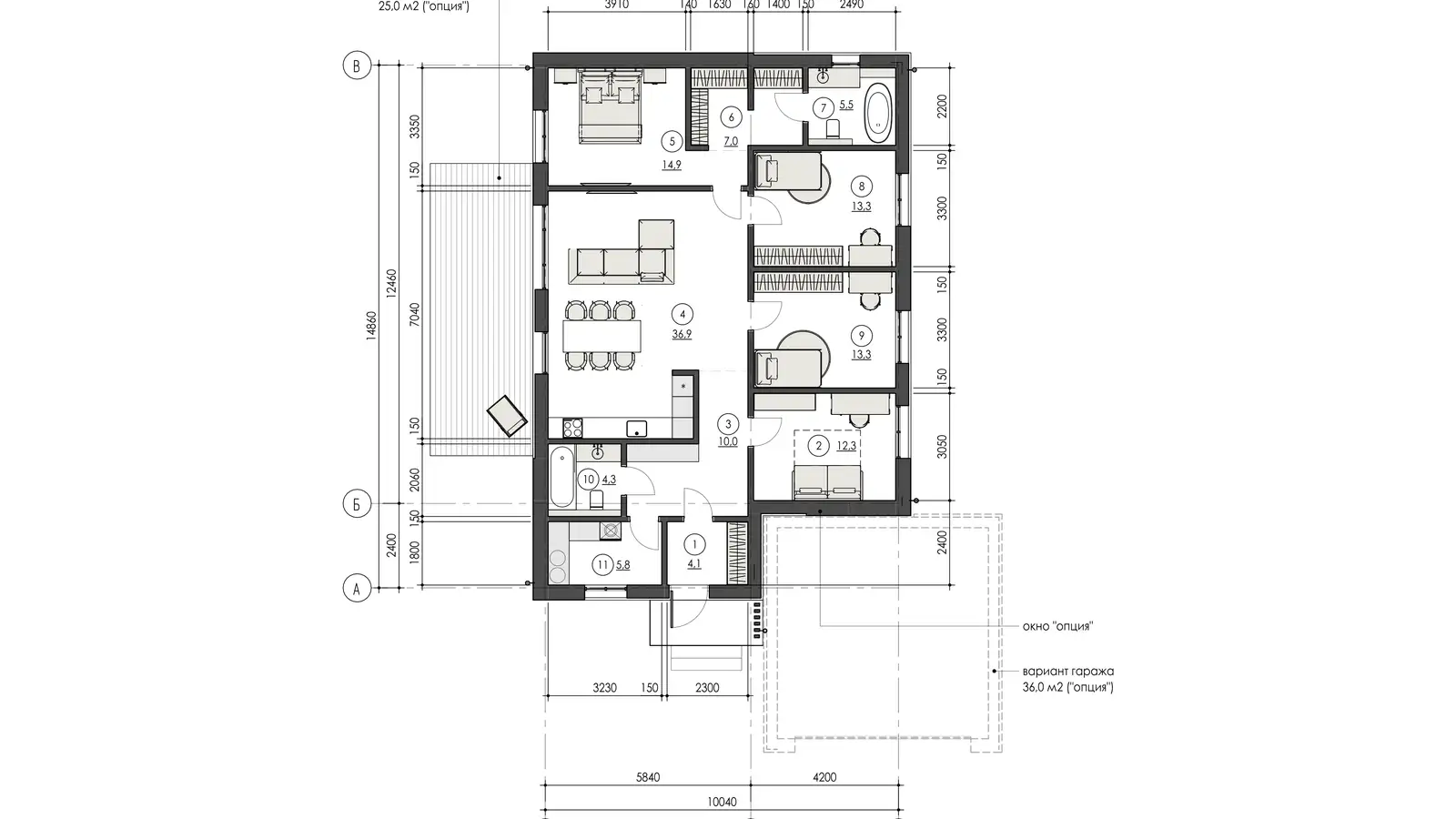Планировка 133,1 м²: кухня-гостиная 37 м², три спальни и кабинет, два санузла, постирочная