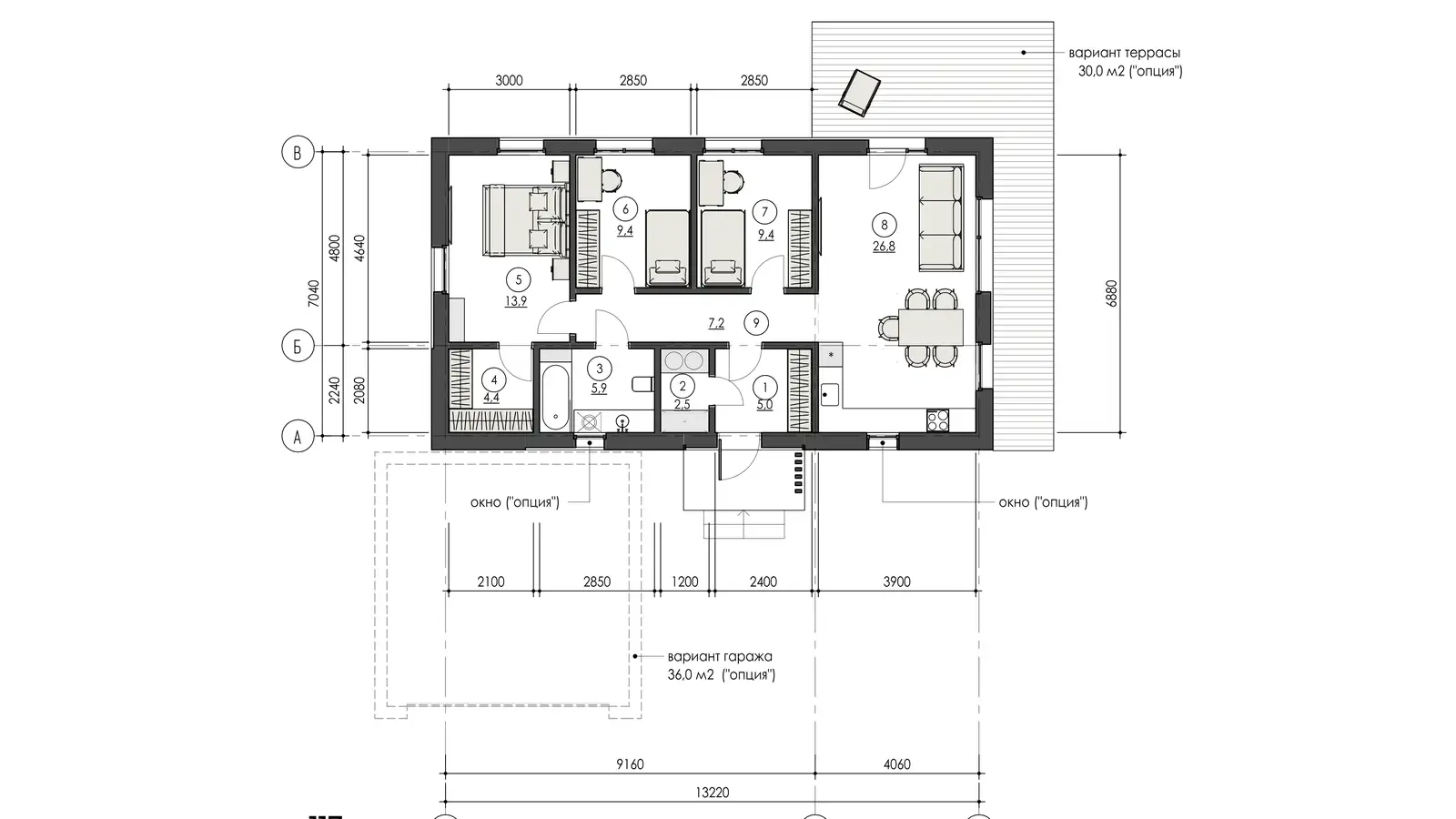 Планировка 87,3 м²: кухня-гостиная, три спальни, санузел, гардеробная и терраса-опция