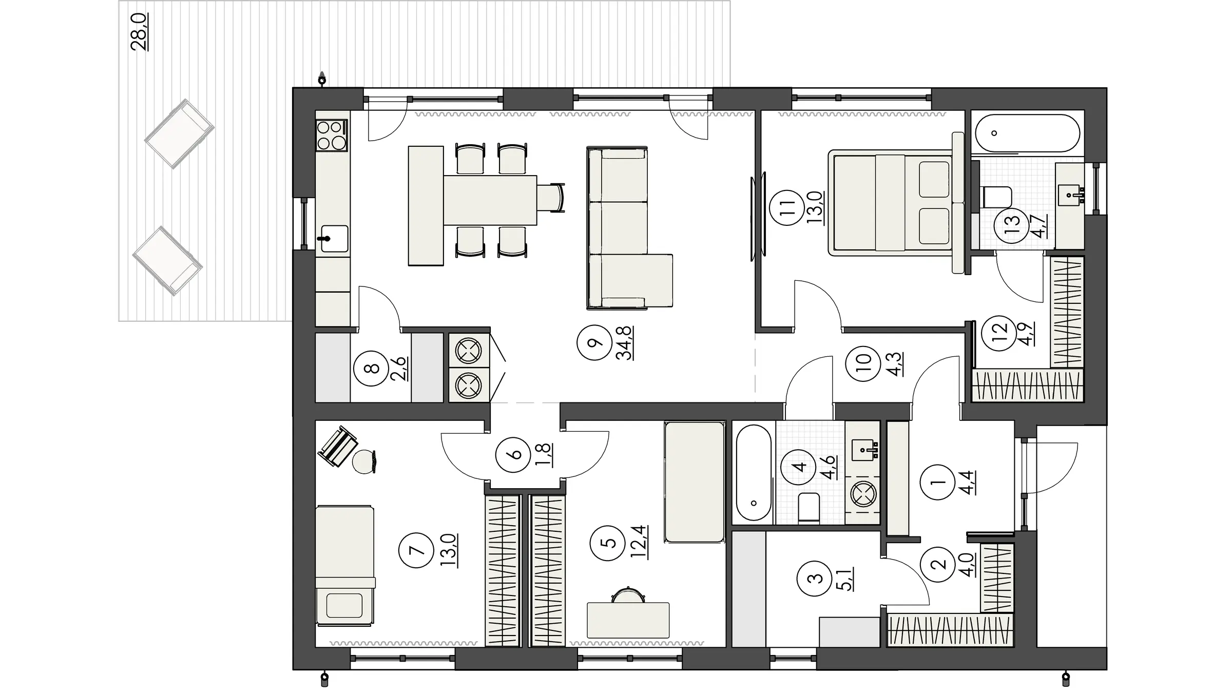 Планировка 109,7 м²: три спальни, мастер-блок, кухня-гостиная с террасой