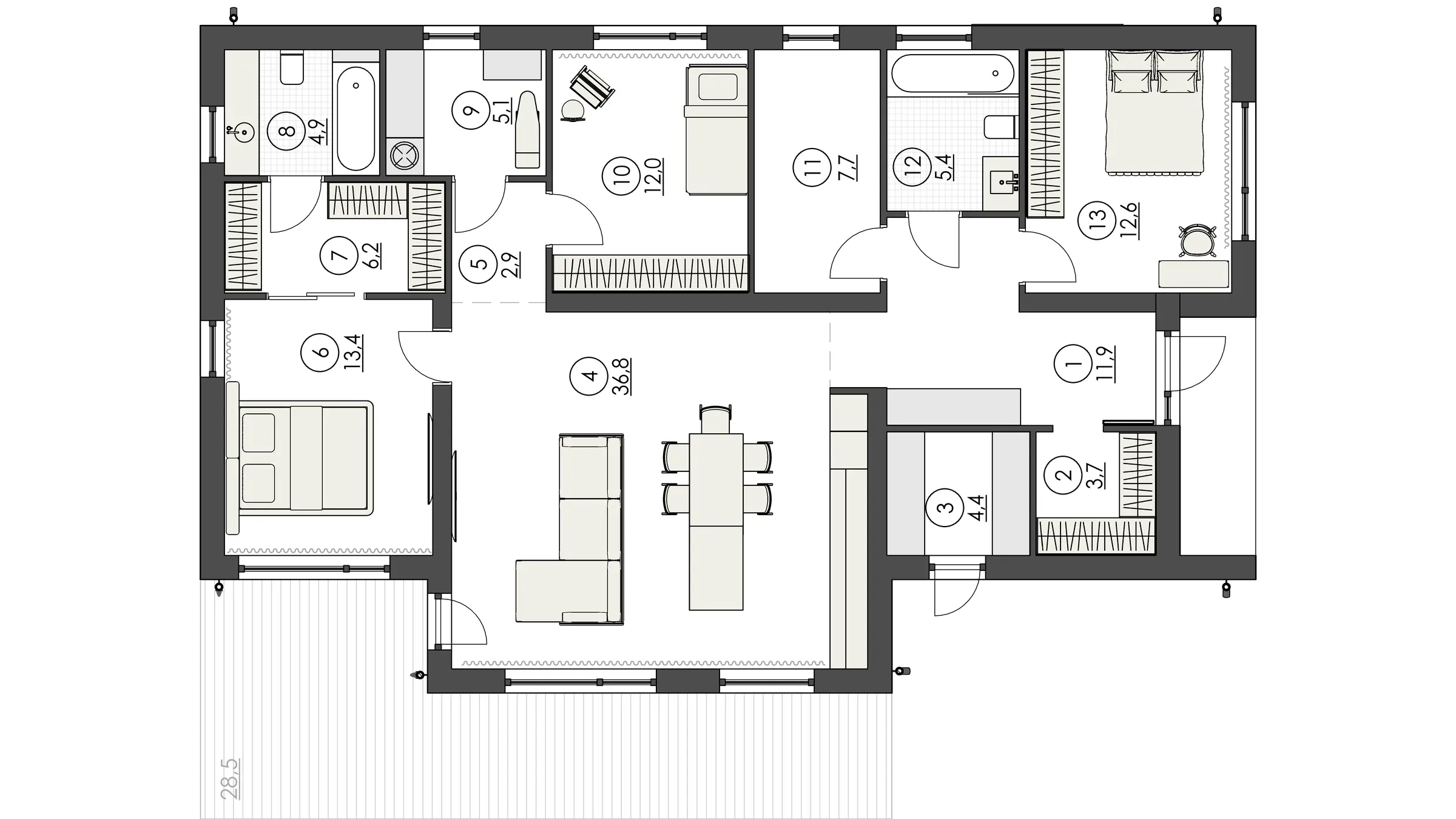 Планировка 127 м²: кухня-гостиная, три спальни, сауна или кабинет