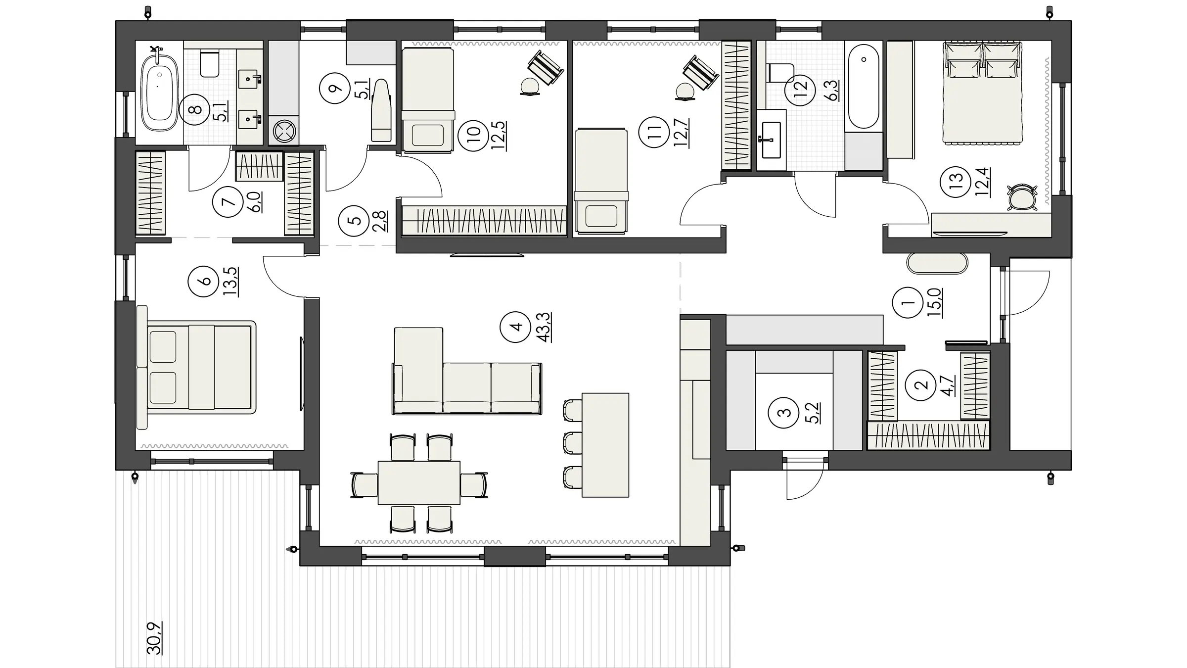Планировка 144,9 м²: кухня-гостиная 43 м² с островом, три спальни