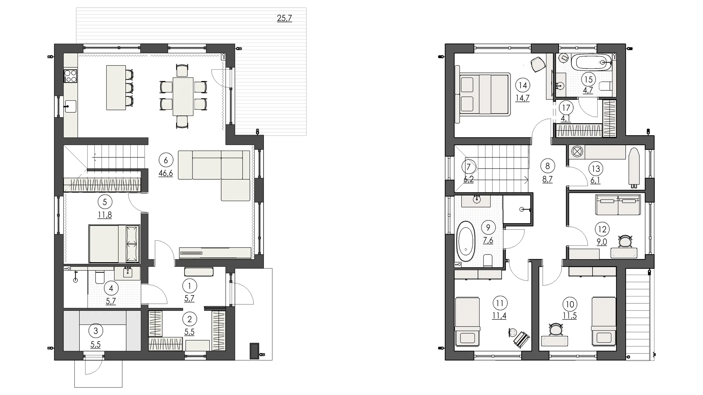 Планировка 166,1 м²: два этажа, второй свет, четыре спальни